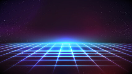 Wall Mural - synthwave background. 80s backdrop. blue neon perspective grid on dark starry sky. retro futuristic 