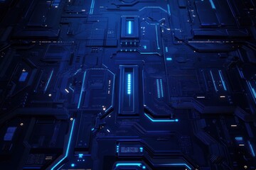 Wall Mural - Abstract futuristic circuit board with glowing blue lines.