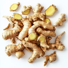 Wall Mural - Fresh ginger roots and slices on white background