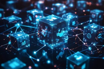 Poster - Connected digital cubes network, abstract background, showing data exchange
