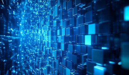 Poster - Abstract blue tech cubes wall, data flow
