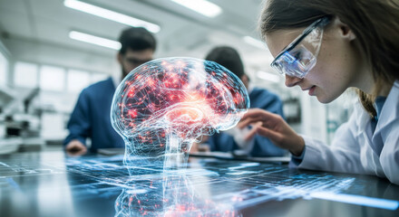Aufkleber - Interns engage in hands-on training with cutting-edge technology focused on brain science. They analyze digital brain models, enhancing their understanding of neurology in a modern laboratory.