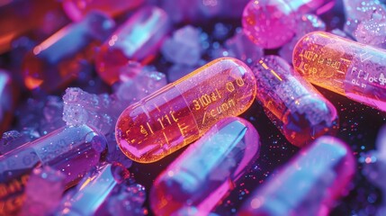 Aufkleber - Brightly colored capsules and shimmering crystals are scattered on a dark surface. The vibrant hues create a captivating contrast, drawing the eye to this intriguing display.