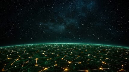 Fototapete - A digital representation of a networked planet, illuminated by glowing connections against a starry background.