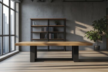 Poster - Modern wooden table in loft office with city view