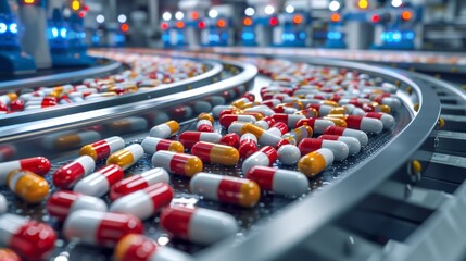 Aufkleber - Colorful capsules are transported on a curved conveyor belt in a busy pharmaceutical production facility filled with advanced machinery and equipment during daylight.