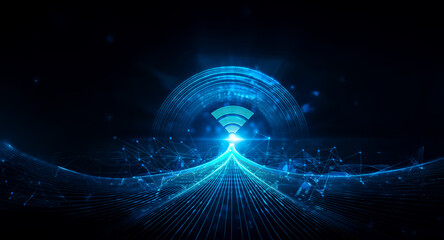 Wall Mural - futuristic blue abstract design on a dark backdrop. glowing lines create a tunnel or path leading to