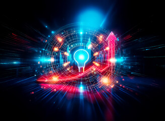 Aufkleber - Glowing red arrow and blue line graph ascend against a dark background, symbolizing growth and positive trends. Data visualization with vibrant colors.