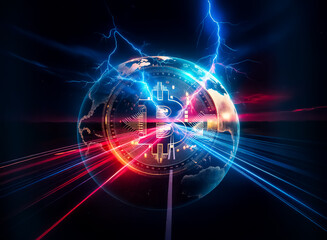 Aufkleber - Bitcoin symbol over digital globe in space, glowing network lines connect continents, representing global cryptocurrency and financial technology.