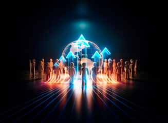 Aufkleber - A group of figures gathers around a radiant globe on a round platform. Warm light emanates outward in a dark space with bokeh lights.