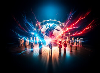 Leinwandbilder - Wooden figures in a circle surround a glowing globe, symbolizing global unity and connection.  Bright light emanates, highlighting the collaborative and interconnected nature of people worldwide.