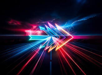 Poster - Abstract image featuring dynamic red and blue light trails converging towards a bright center point, creating a sense of speed and depth against a dark, textured backdrop.