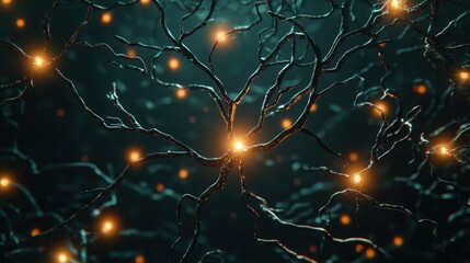 Fototapete - A close-up view of intricate neural networks illuminated by glowing nodes, representing connections in a dark, abstract environment.