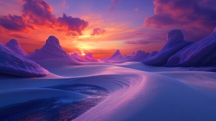 Wall Mural - Purple Sunset over a Dreamlike Mountain Range