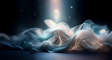 Wall Mural - ethereal flowing smoke in light blue and white, softly illuminated from above against a dark backdro
