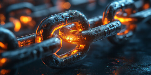 Close-up of a metallic 3d chain link, glowing with pink and blue light, suggesting technology or connection.