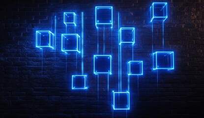 Poster - Neon blue glowing cubes on dark brick wall