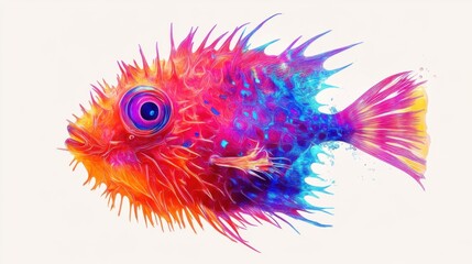 Sticker - Abstract neon pufferfish illustration with sharp details and a clean white background.