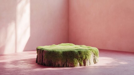 Wall Mural - An artistic display podium of moss-covered wood in a pastel pink studio; simplicity meets nature-inspired luxury