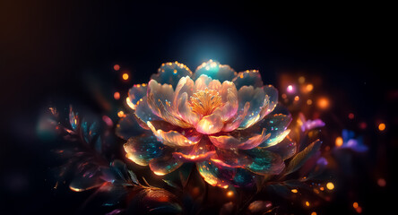 Sticker - a luminous flower with iridescent petals blooms against a dark backdrop sprinkled with bokeh lights.