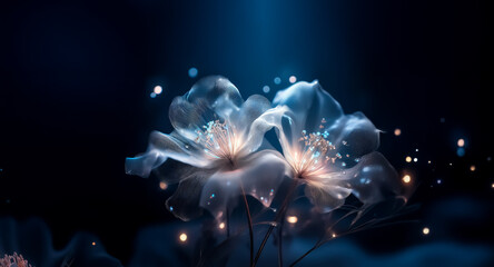Wall Mural - ethereal flowers softly glow against a dark backdrop, surrounded by delicate, luminous particles, cr