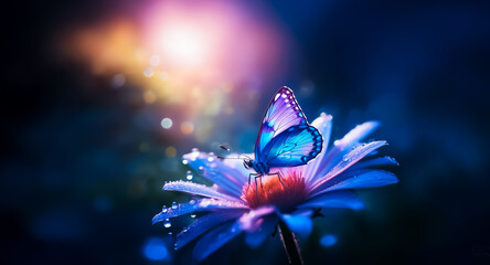 Wall Mural - a vibrant blue butterfly delicately rests on a daisy-like flower. soft bokeh lights create a dreamy,
