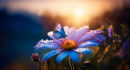 Poster - Blue butterfly with water droplets perched on a vibrant purple flower.  Warm sunset light softly blurs the background, creating a peaceful nature scene.