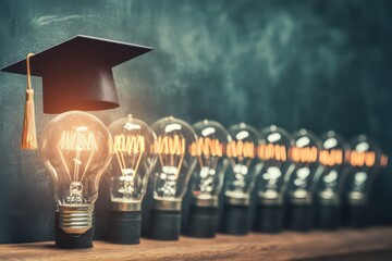 bright glowing light bulb wearing a graduation cap, standing out in a row of dim bulbs, chalkboard b