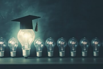 bright glowing light bulb wearing a graduation cap, standing out in a row of dim bulbs, chalkboard b