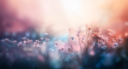 Sticker - soft pink flowers bloom in a dreamy field, creating a gentle and ethereal scene with a soft pastel b
