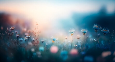Sticker - soft focus field of wildflowers at dawn. gentle light filters over the meadow. a serene and dreamy l