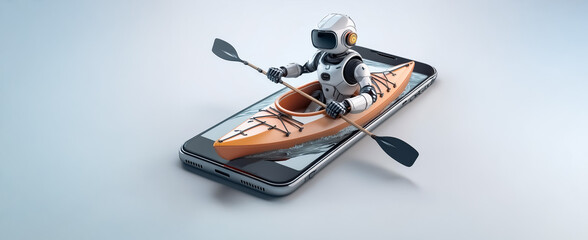 A robot paddles a kayak atop a smartphone, creating a surreal image of technology meets outdoor adventure in a digital age.