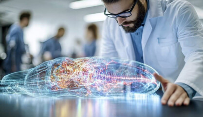 Aufkleber - Interns in a modern medical lab engage in a collaborative project involving virtual human anatomy. They analyze a digital hologram, enhancing their understanding of complex structures.