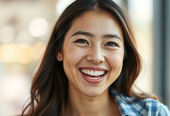 Wall Mural - Photorealistic portrait of a smiling female feeling excited