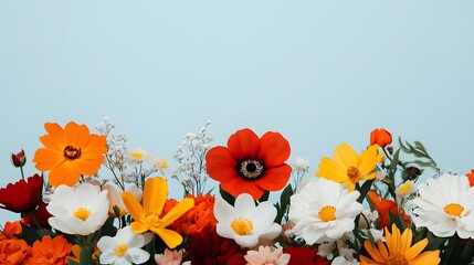 Wall Mural - Vibrant Colorful Flowers Against A Light Blue Background