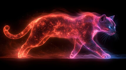 Wall Mural - fiery cat energy walks dark space, mystical design