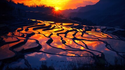 Wall Mural - Golden Hour Rice Terraces: A Sunset Spectacle in Asia