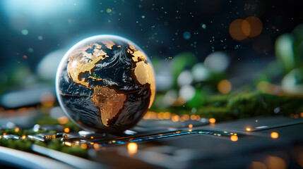 Fototapete - glowing digital globe rests on circuit board, symbolizing global connectivity and technological advancement. scene is illuminated with vibrant lights, highlighting fusion of nature and technology