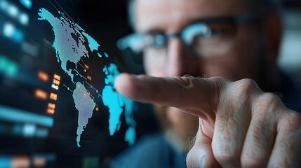 Poster - person interacts with digital economic trends dashboard, focusing on global financial data. image highlights technology role in analyzing economic trends