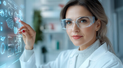 Poster - scientist in lab coat interacts with digital interface displaying medical data, showcasing innovation in futuristic laboratory setting