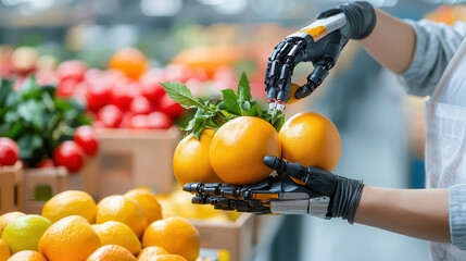 Poster - robotic arm delicately handles fresh oranges in high tech fruit sorting facility, showcasing advanced automation in agriculture