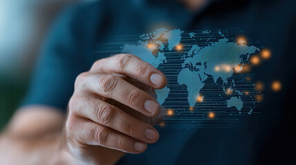 Fototapete - hand interacts with digital world map, symbolizing global connectivity and technology. image highlights integration of human touch with digital networks, emphasizing innovation and progress