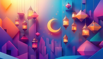 Wall Mural - Vibrant Colorful Lanterns and Crescent Moon Festive Night Abstract Background