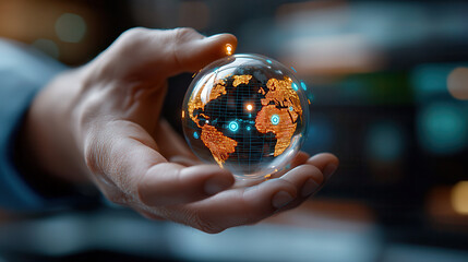 Fototapete - hand holds glowing digital globe, symbolizing global connectivity and technology. futuristic design highlights integration of AI and digital networks, emphasizing innovation and progress