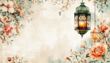 Wall Mural - Watercolor Roses and Lantern Background