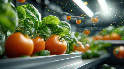 Leinwandbilder - futuristic hydroponic farm with AI controlled drones tending to vibrant tomatoes and lush green plants, illuminated by bright lights