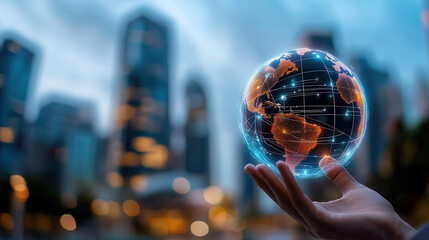 Aufkleber - hand holding digital globe with futuristic cityscape in background, showcasing blend of technology and urban development. glowing globe represents global connectivity and innovation