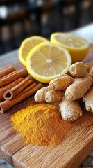 Wall Mural - Fresh ginger lemon slices with cinnamon sticks and turmeric on wooden board