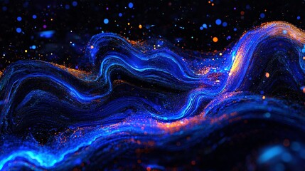 Wall Mural - A black background with vibrant neon blue light trails swirling across