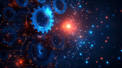A realistic line art illustration featuring gears on a blue background, symbolizing mechanical engineering, innovation, and technology with precise and intricate design details.